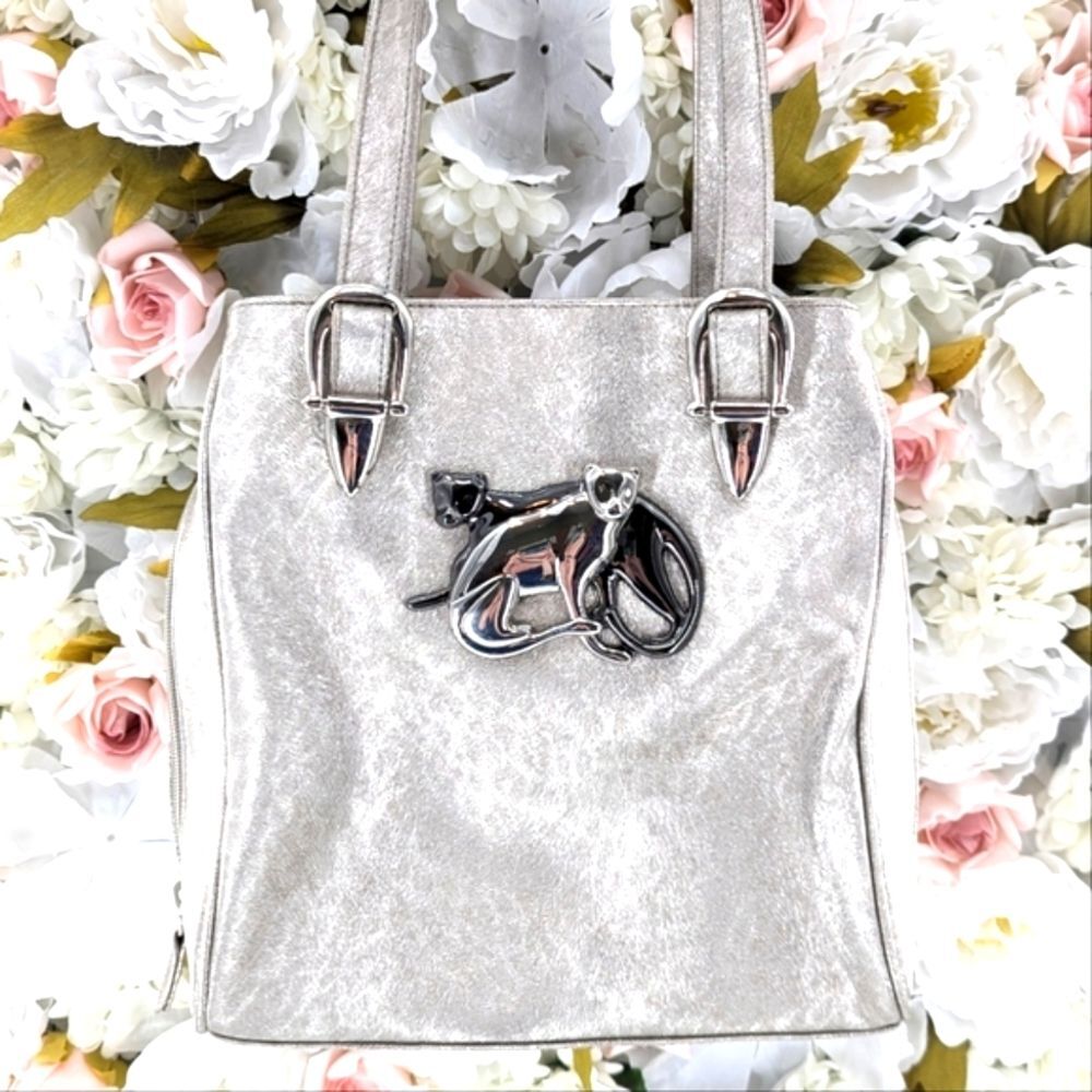 Marlo Vintage Cats Pumas Cheetah Print Metallic Silver Shoulder Bag Purse